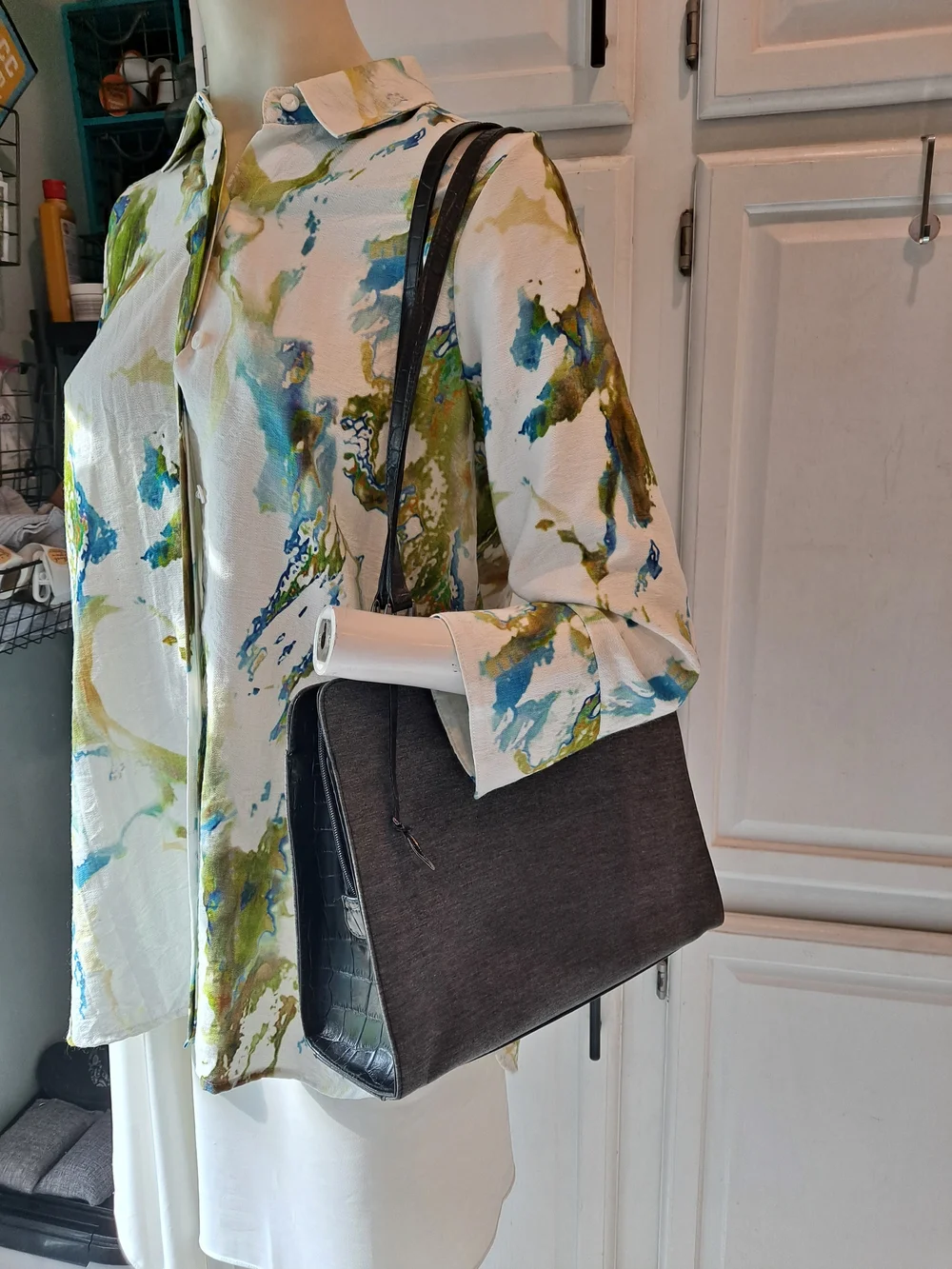 Dana B + Karen Gray Fabric Black Leather Trim Functional Modern Shoulder Bag